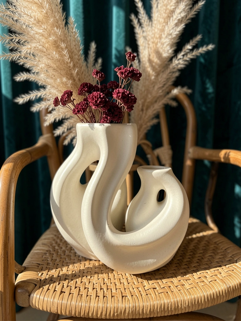 Vaso de cerâmica off-white com flores secas bordô sobre assento de palha trançada, luz natural e cortina verde-escura ao fundo.