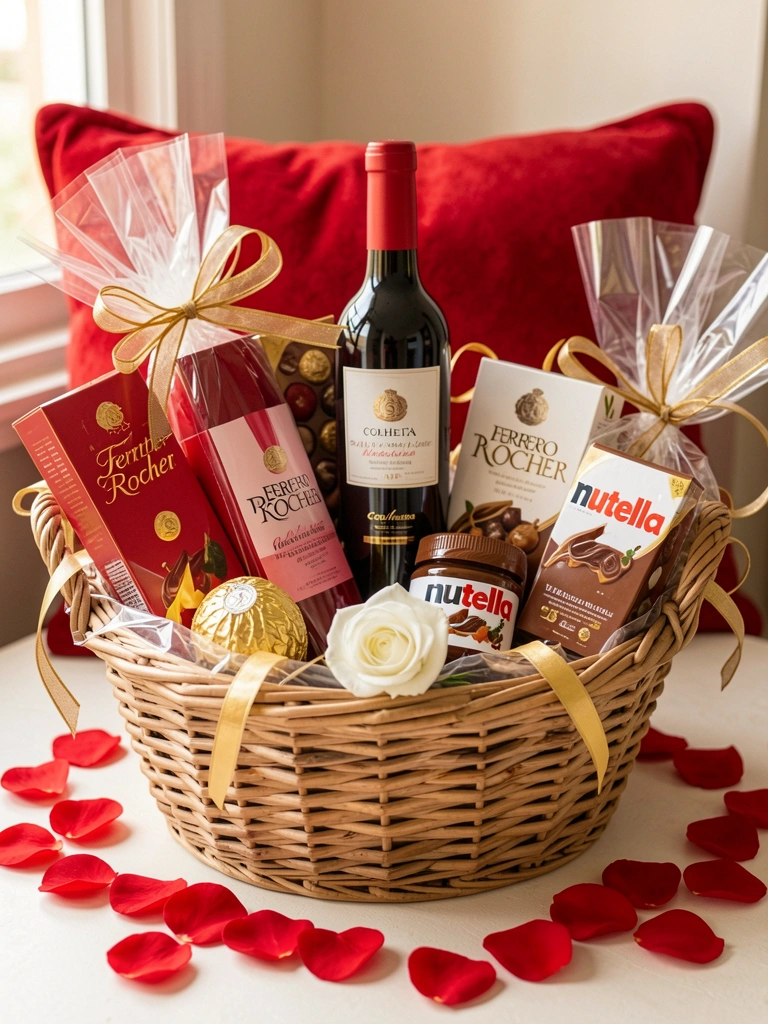 Cesta de vime com garrafa de vinho tinto, Ferrero Rocher, Nutella e chocolates, pétalas de rosa e corações vermelhos, luz natural suave.