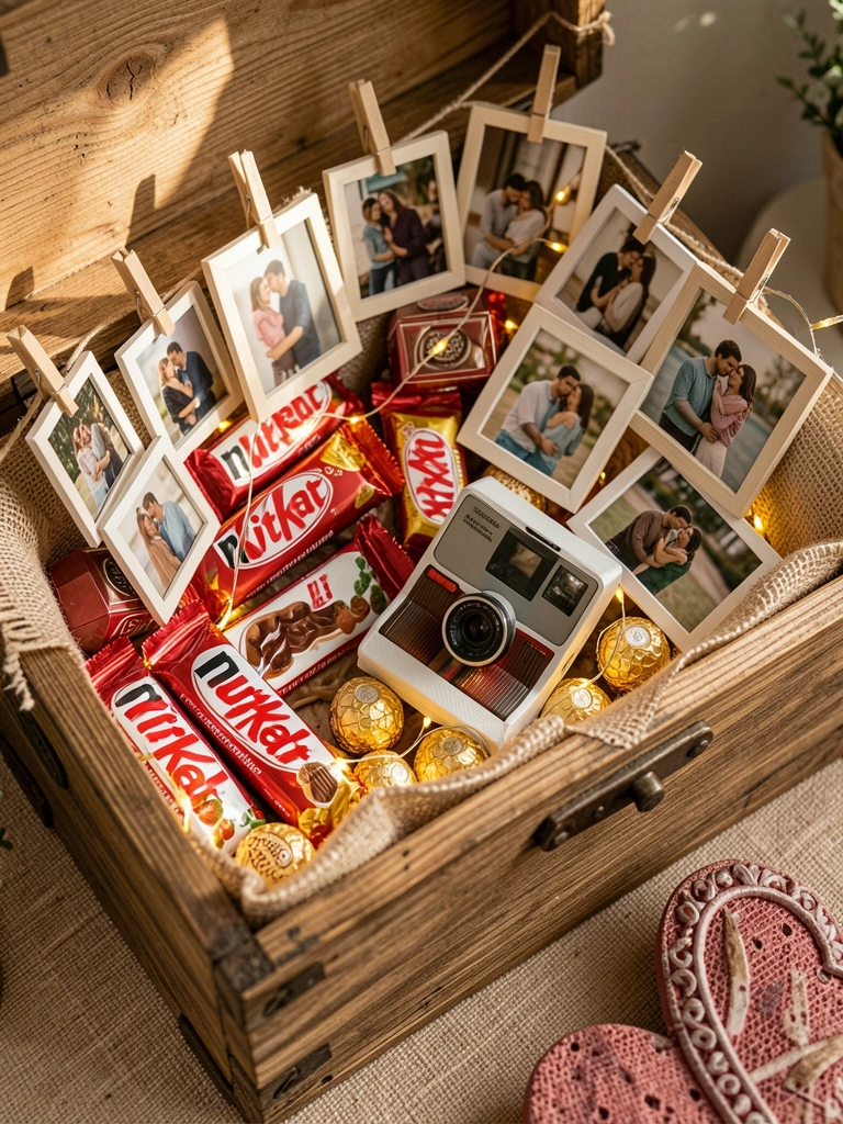 Caixa de madeira rústica forrada com juta, repleta de chocolates variados e fotos penduradas em pregadores, luz natural e pisca-piscas criam clima romântico.