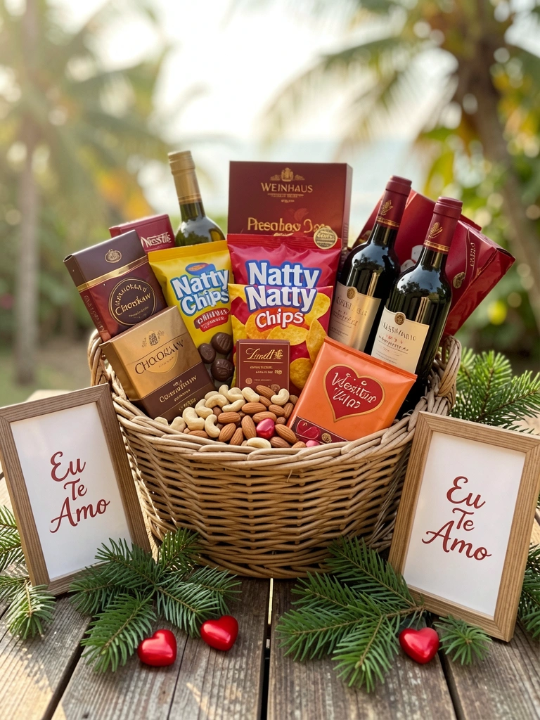Cesta de presentes com chocolates premium, vinhos e cartões