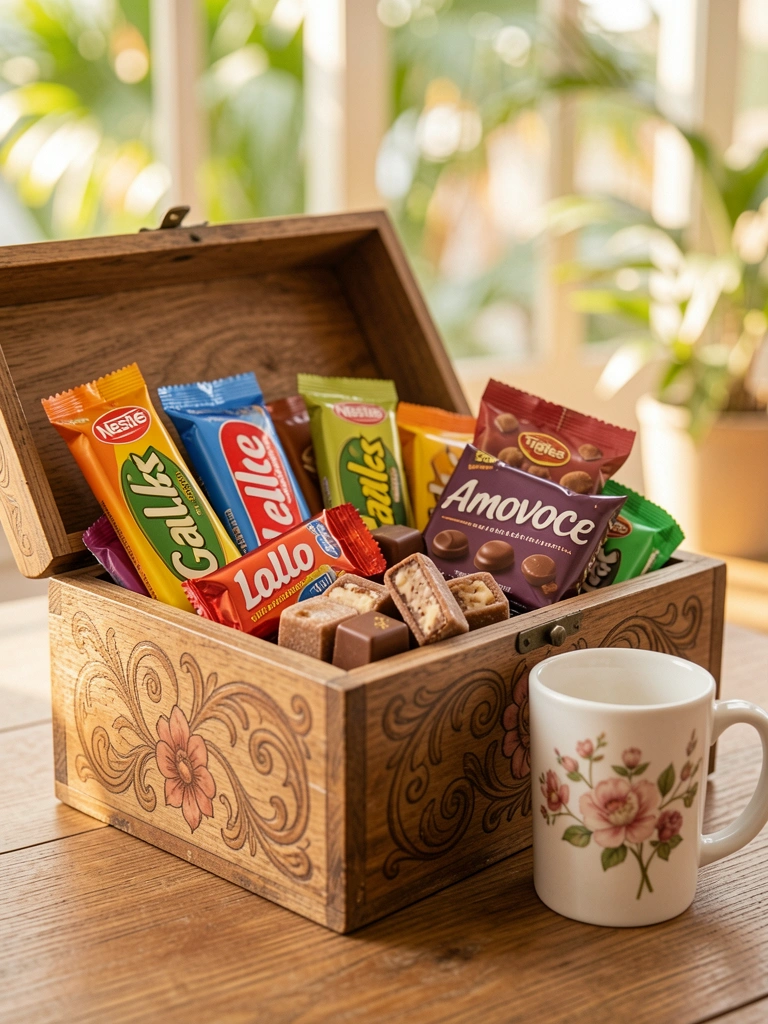 Caixa de madeira rústica com padrão floral entalhado cheia de chocolates brasileiros, caneca de cerâmica branca ao lado, luz natural aquecida.