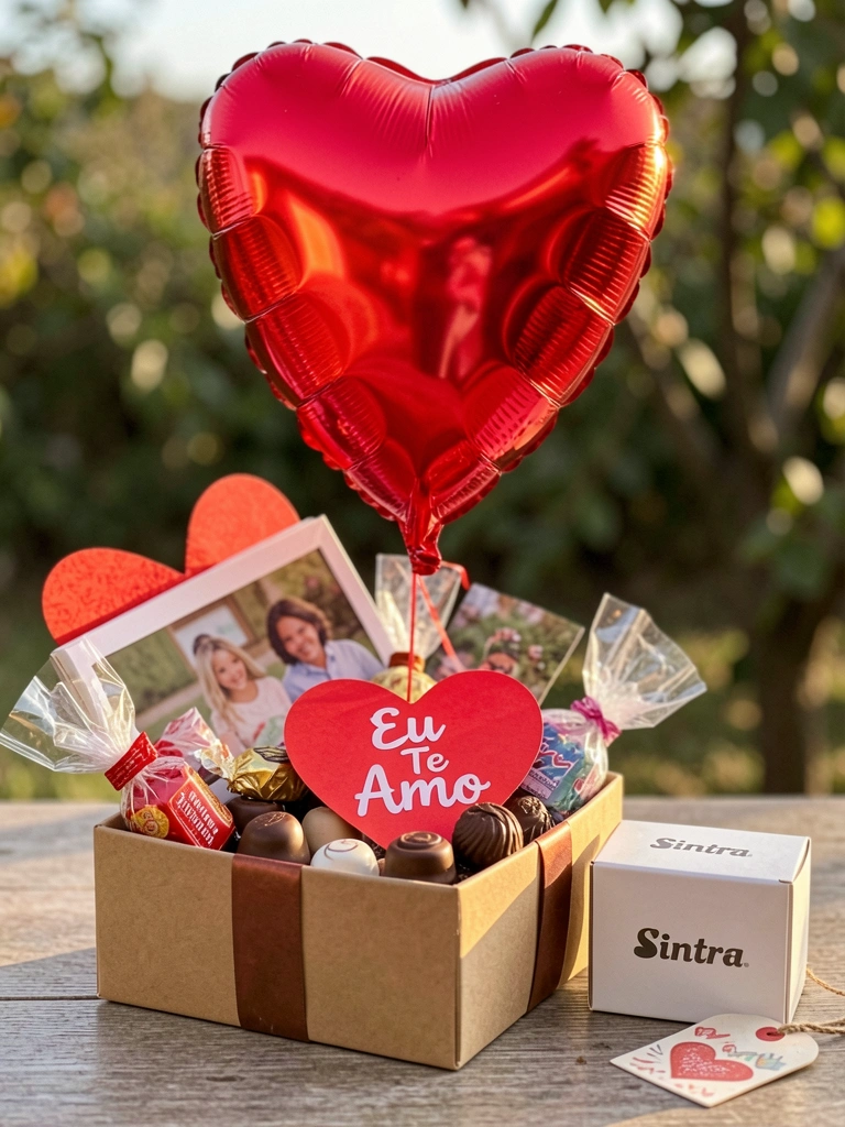 Balão vermelho em formato de coração sobre caixa de presente com chocolates, doces e álbum de fotos; luz natural e fundo ao ar livre.