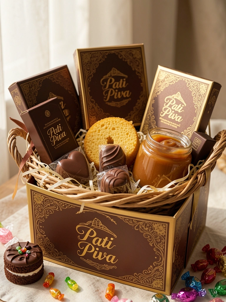 Cesta de presentes com chocolates gourmet em caixas douradas e marrons, trufa em formato de coração, bolo e pote de caramelo, luz natural destacando texturas.
