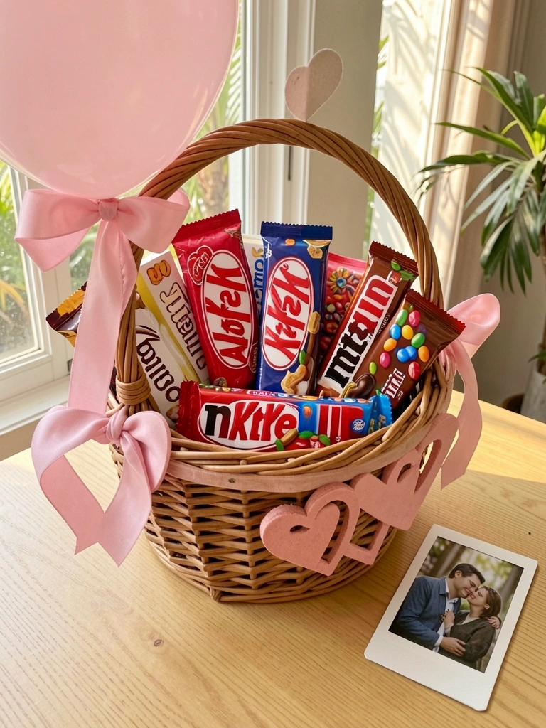 Cesta de vime com chocolates variados, laço rosa em formato de coração e balão rosa pastel, sobre mesa de madeira clara com luz natural.