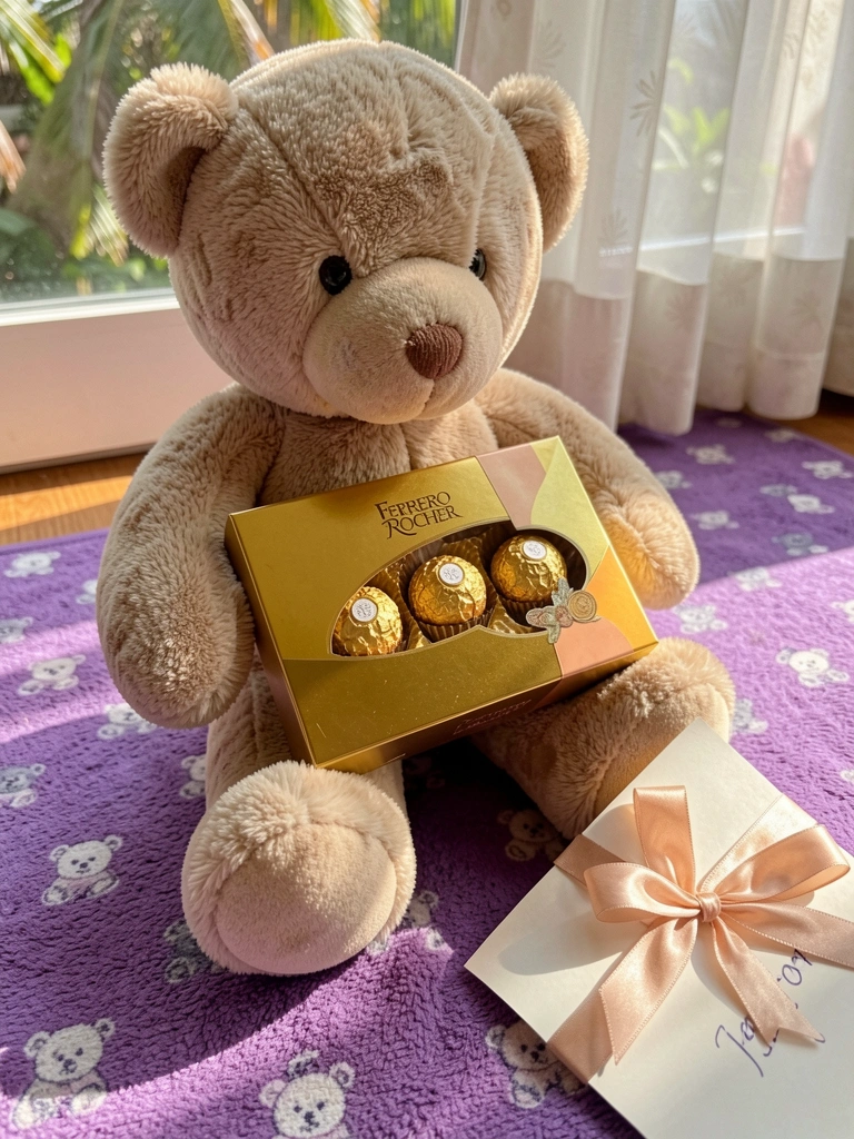 Urso de pelúcia bege segurando caixa dourada de Ferrero Rocher sobre tapete roxo com estampa de ursos, luz natural filtrada.