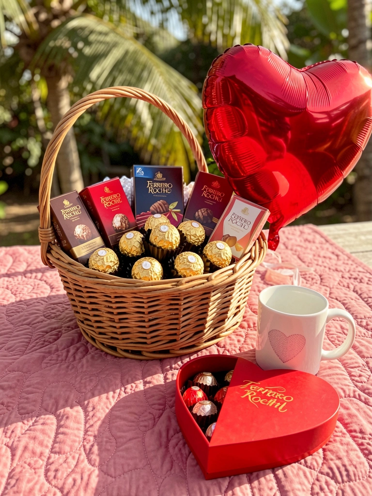 Cesta de vime com chocolates Ferrero Rocher, caixas sortidas e caneca branca com coração sobre manta rosa acolchoada, balão vermelho brilhante ao lado, luz natural tropical.