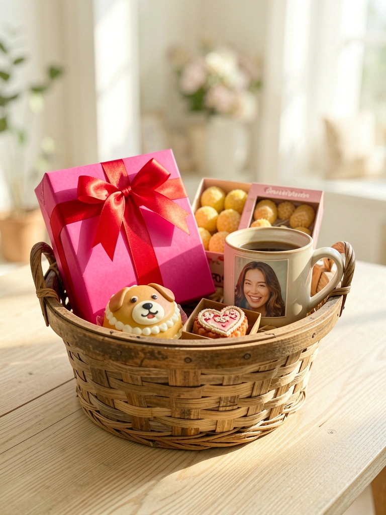 Cesta rústica com presente rosa, bolo decorado com cachorro, caneca com foto e caixa de cocadas douradas, sobre mesa clara com luz natural.