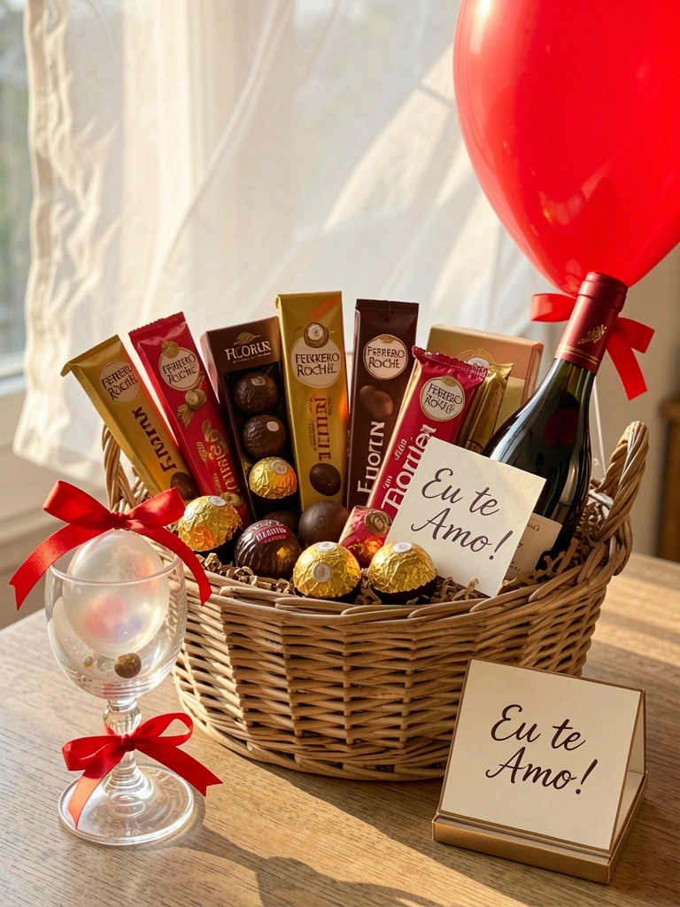Cesta de vime com chocolates Ferrero Rocher, Florlen e vinho tinto, ao lado um copo decorado com laço vermelho e balão, luz natural incide sobre os detalhes.