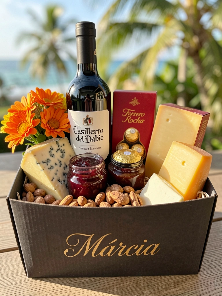 Cesta de papelão escura com garrafa de vinho, queijos, chocolates e flores alaranjadas, luz natural e texturas detalhadas.