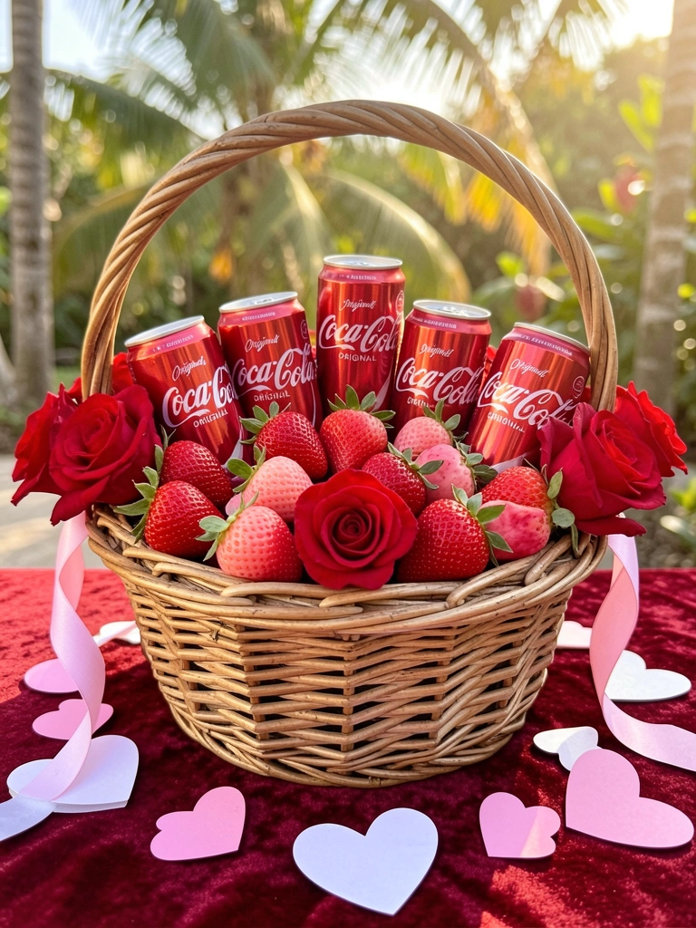 Cesta de vime rústica com morangos, rosas vermelhas e latas de Coca-Cola, sobre veludo vermelho, fundo desfocado ao ar livre.