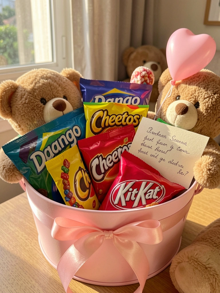 Cesta rosa com laço de cetim, recheada com doces Dango, Cheetos e Kit Kat, entre ursinhos de pelúcia e cartão escrito à mão, luz natural filtrada.