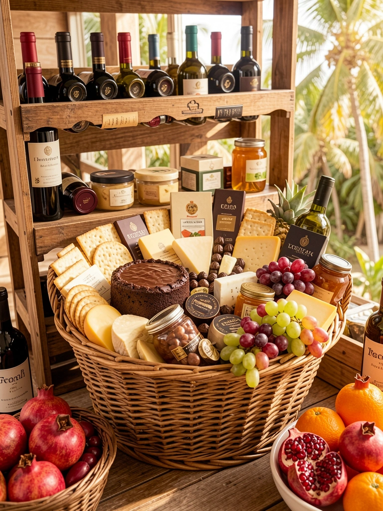Cesta de vime transbordando com bolo de chocolate, queijos, uvas e laranjas, apoiada em suporte rústico de garrafas de vinho, luz natural tropical.