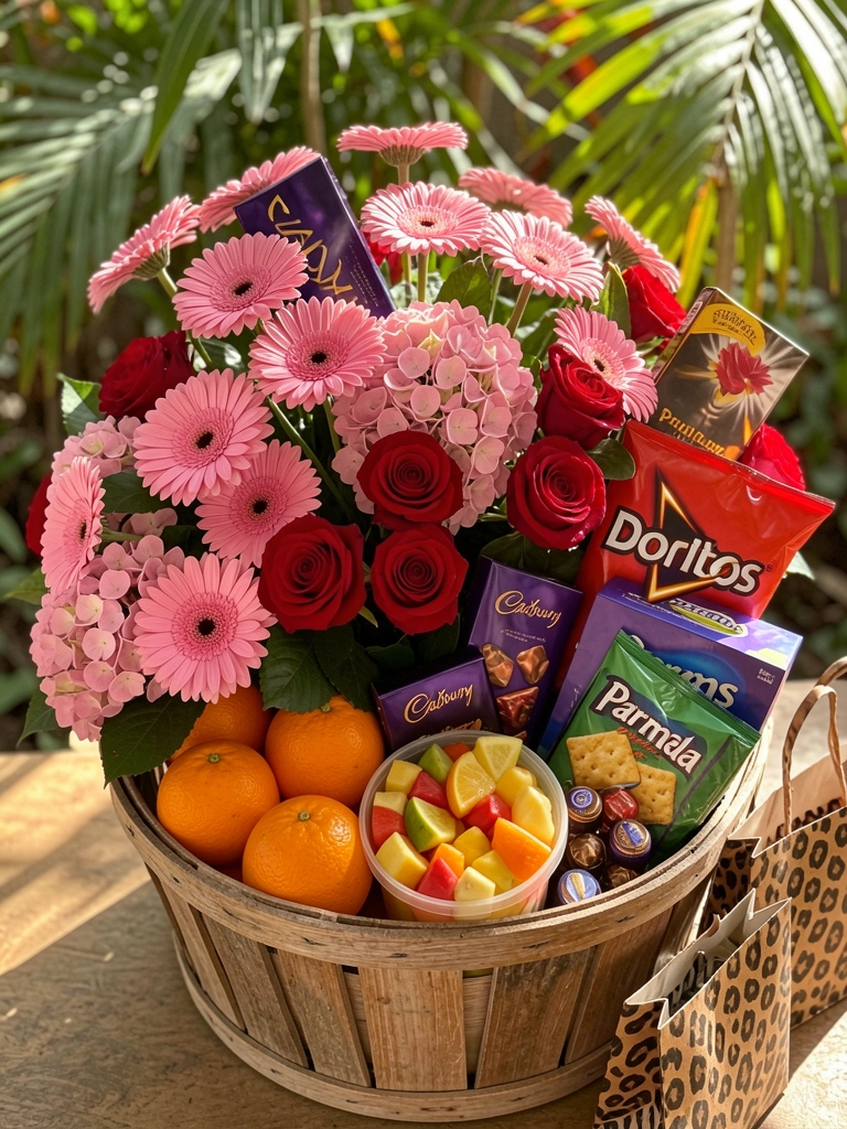 Cesta rústica com gerberas rosas, rosas vermelhas e hortênsias, ladeada por laranjas, chocolates Cadbury e saco de Doritos, sob luz natural tropical.
