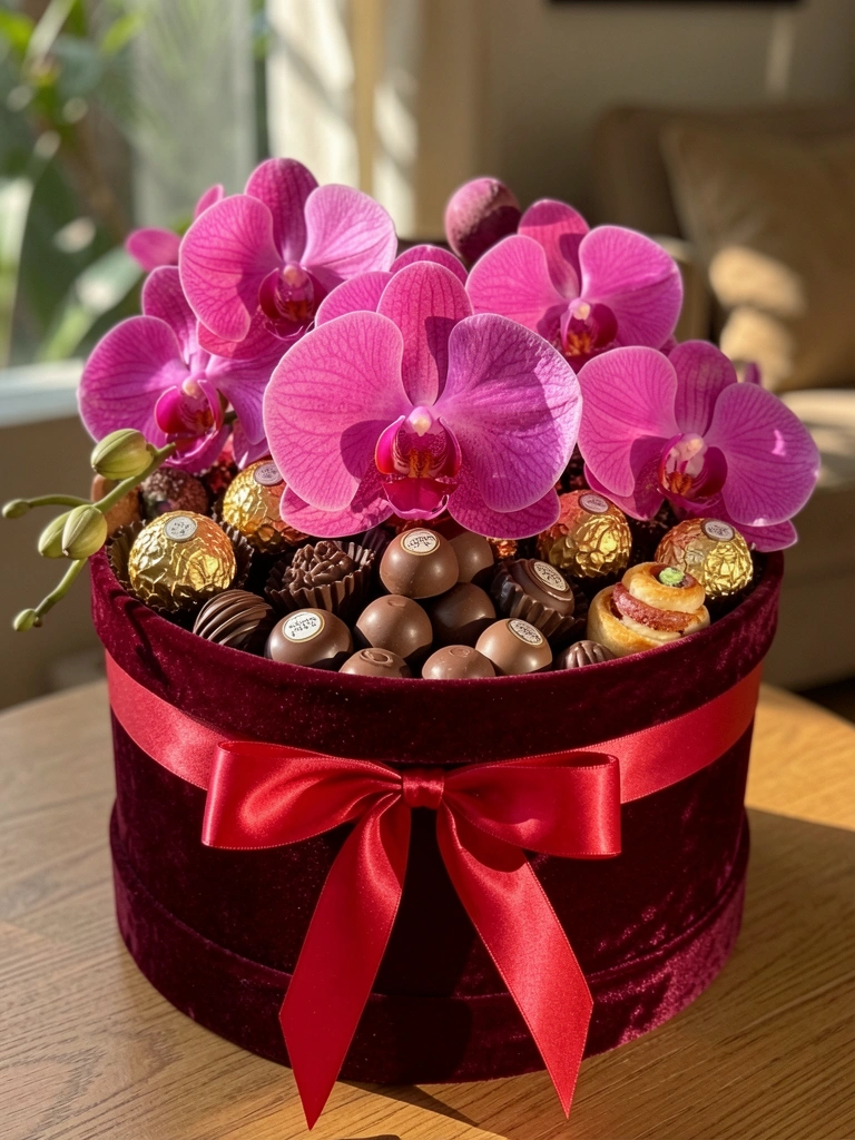 Cesta de veludo bordô com orquídeas rosas, Ferrero Rocher e chocolates gourmet, laço de cetim vermelho e luz natural suave.
