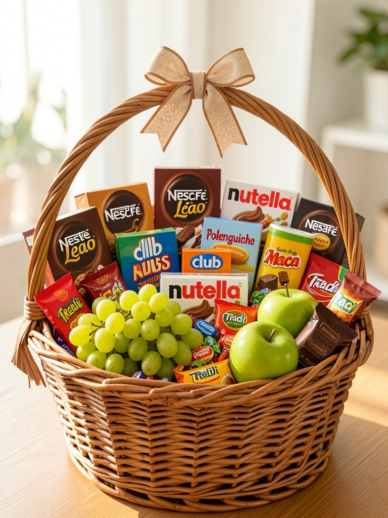 Cesta de vime marrom com laço na alça, repleta de frutas verdes, chocolates e cafés, luz natural suave ao fundo.