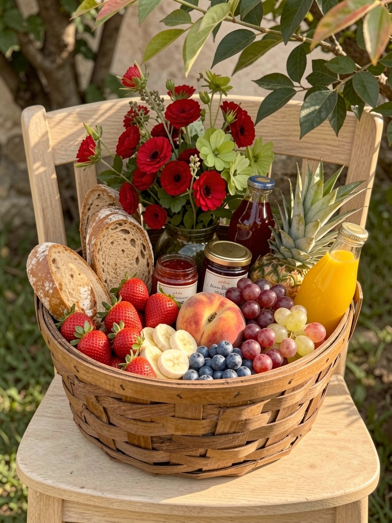 Cesta rústica de vime sobre cadeira de madeira clara, transbordando de frutas frescas, pães artesanais e buquê de flores vermelhas e verdes, com luz natural e folhas ao fundo.