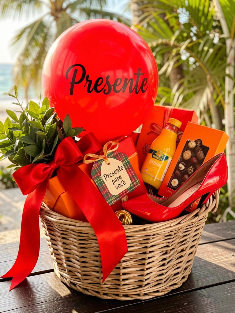 Cesta grande com presentes vermelhos e laranja, balão vermelho com 