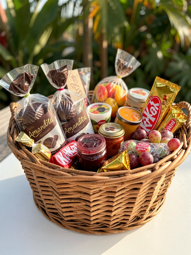 Cesta de vime trançado com chocolates embrulhados, potes de geleia e uvas sobre superfície branca, luz natural e fundo desfocado.