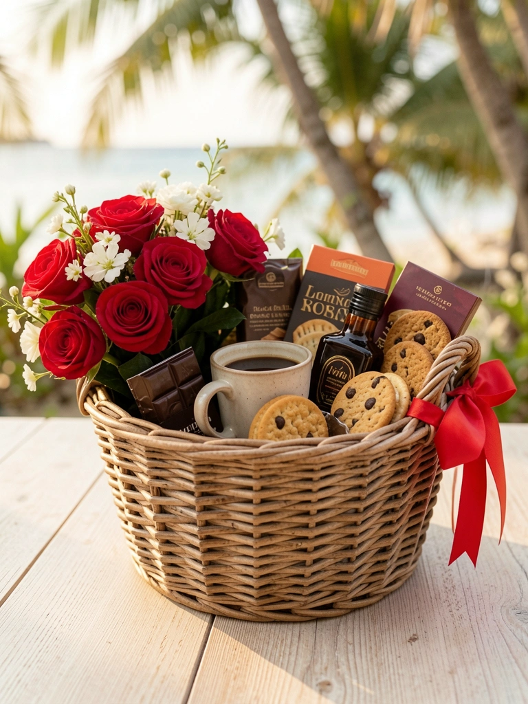 Cesta de vime com rosas vermelhas, flores brancas, caneca de cerâmica com café e chocolates, sobre mesa de madeira clara, luz natural.