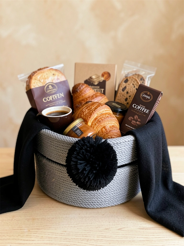Cesta de presente em vime com café gourmet, croissants e laço preto felpudo sobre mesa de madeira clara, luz natural suave e parede bege texturizada ao fundo.
