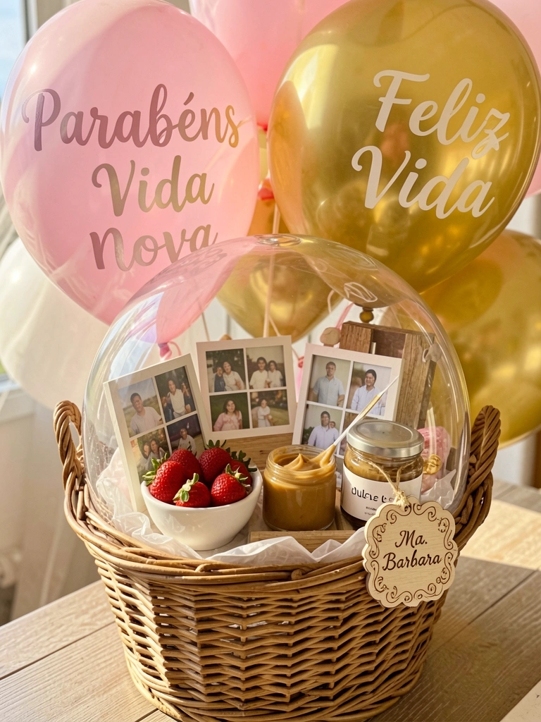 Cesta de presente com cúpula de acrílico, fotos impressas, tigela de morangos, pote de doce de leite, balões rosa e dourados com dizeres 