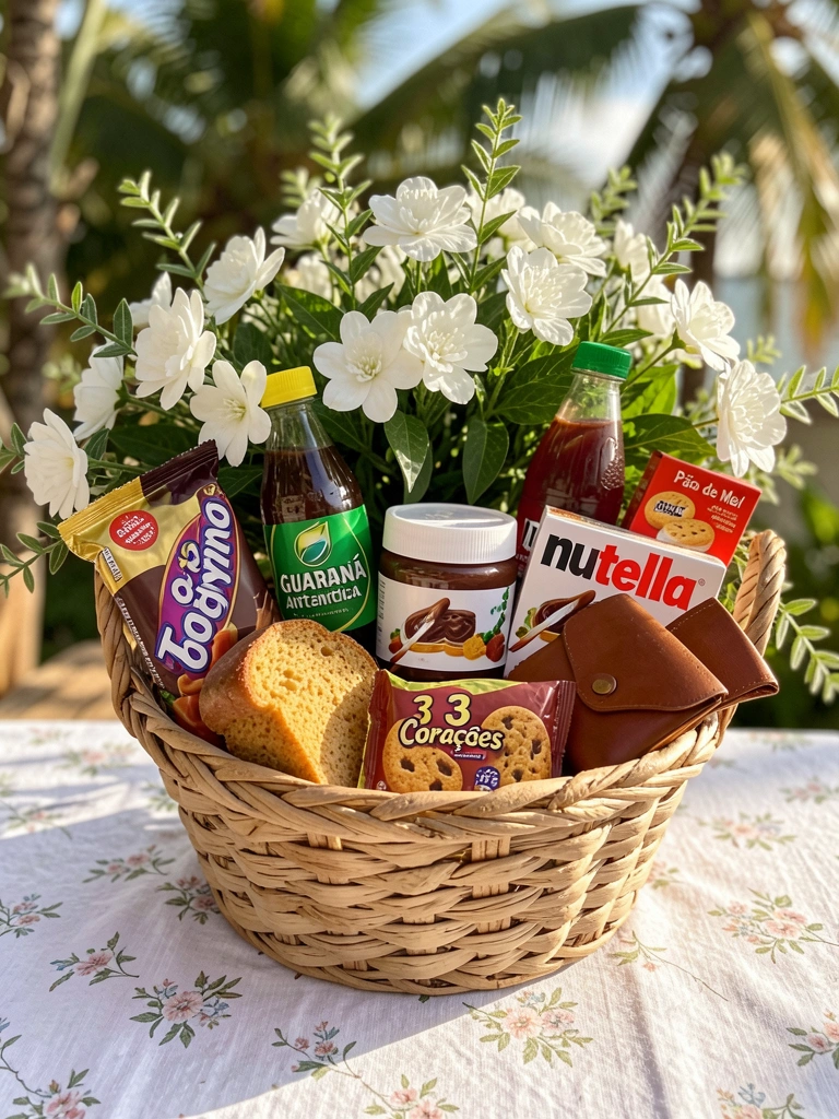 Cesta rústica com buquê de flores brancas, Toddynho, Guaraná Antarctica, Nutella e pão de mel sobre toalha de linho floral, luz natural.