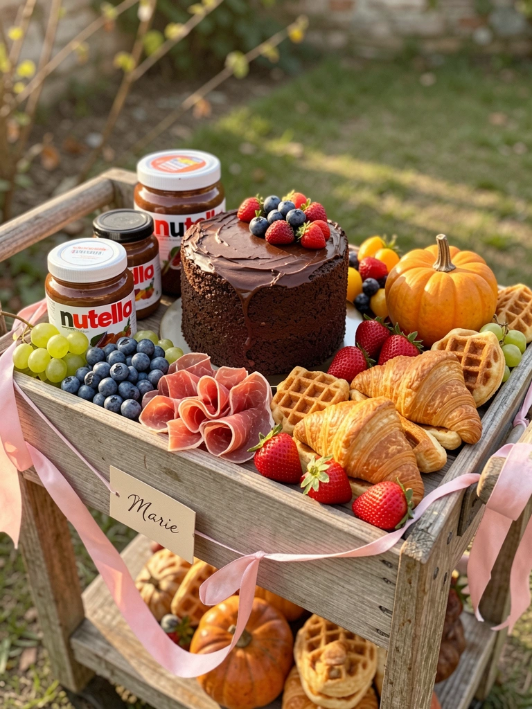 Carrinho rústico de madeira com bolo de chocolate, potes de Nutella, frutas vermelhas, uvas, presunto, croissants e waffles, laços rosa e etiqueta 