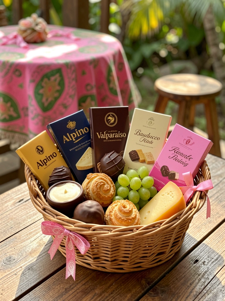 Cesta de vime com chocolates variados, queijo e uvas verdes sobre mesa de madeira, luz natural e fundo desfocado com toalha xadrez rosa e verde.