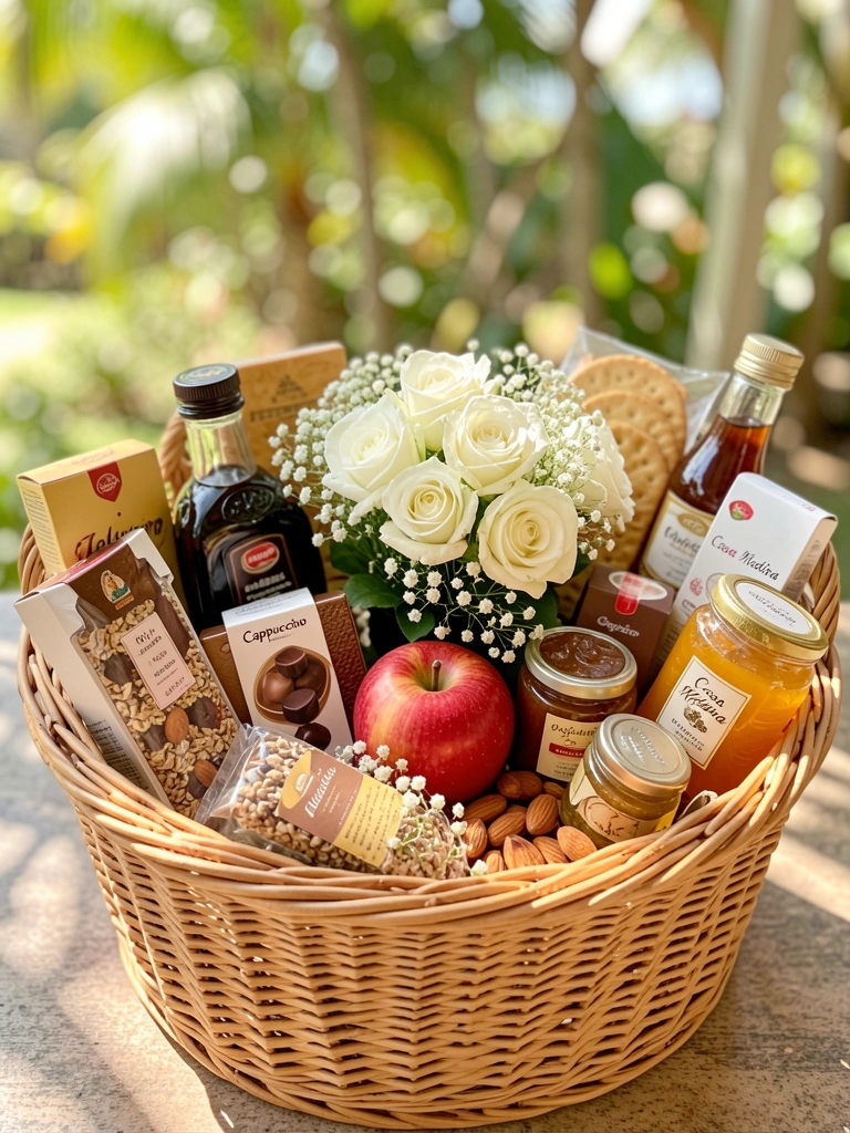 Cesta de vime marrom-claro com café da manhã: maçã vermelha, rosas brancas, embalagens de chocolate e mel, luz natural difusa.