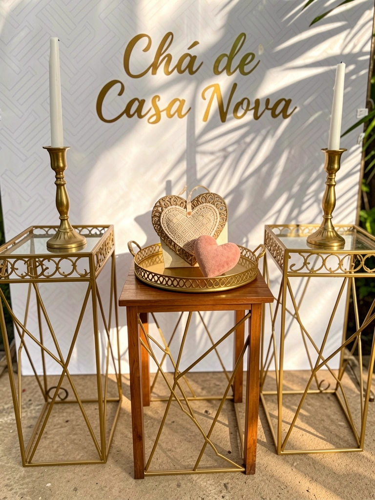 Mesa de centro com bandeja dourada, coração de madeira e velas em suportes metálicos, luz natural filtrada por fundo texturizado.