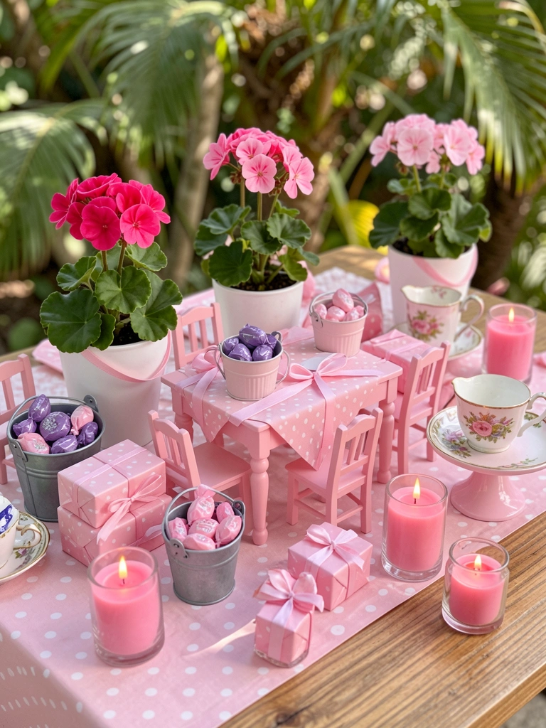 Mesa com toalha de bolinhas rosas, mobília de casinha rosa, vasos com gerânio rosa e velas em vidro, luz natural suave.