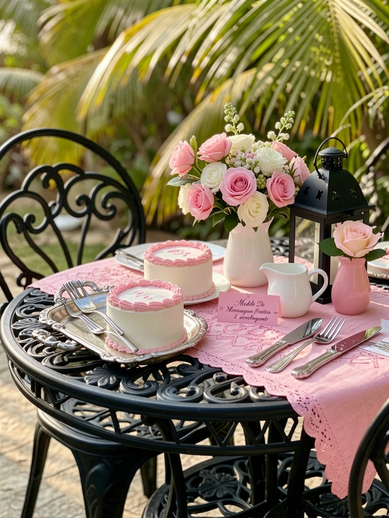 Mesa de ferro preta com bolo branco de glacê rosa, buquê de rosas e cartão decorativo, luz natural do dia.