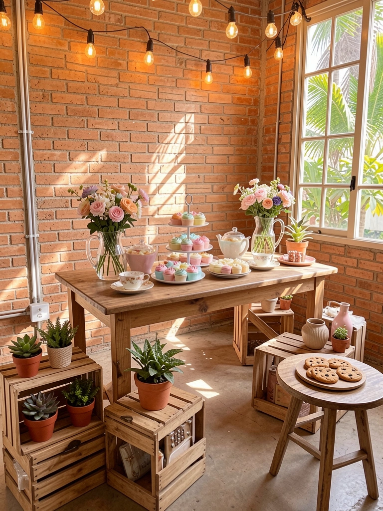 Parede de tijolos rústicos com luzes de corda, suporte de bolo de três andares com cupcakes pastéis e doces, caixotes de madeira com plantas e jarra de vidro com flores.