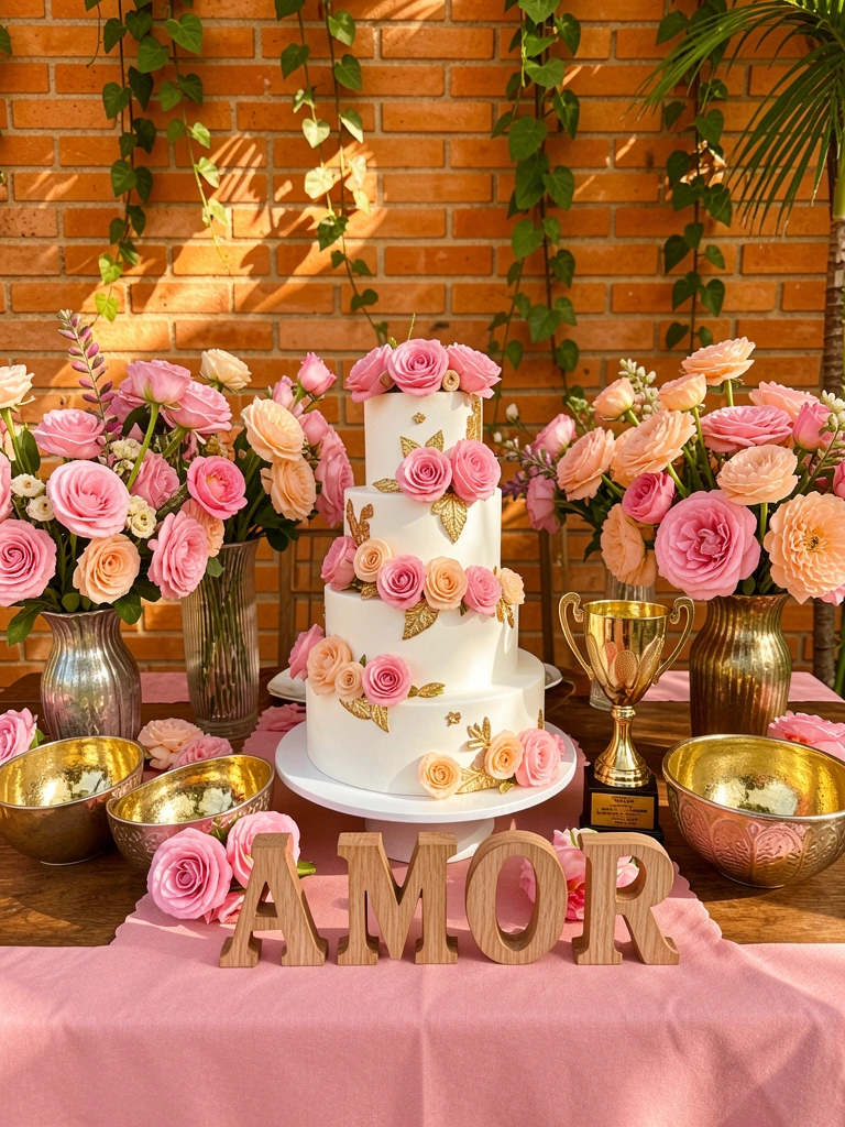 Bolo de três andares com rosas cor-de-rosa e detalhes dourados sobre toalha rosa, cercado por flores em vasos, letreiro 