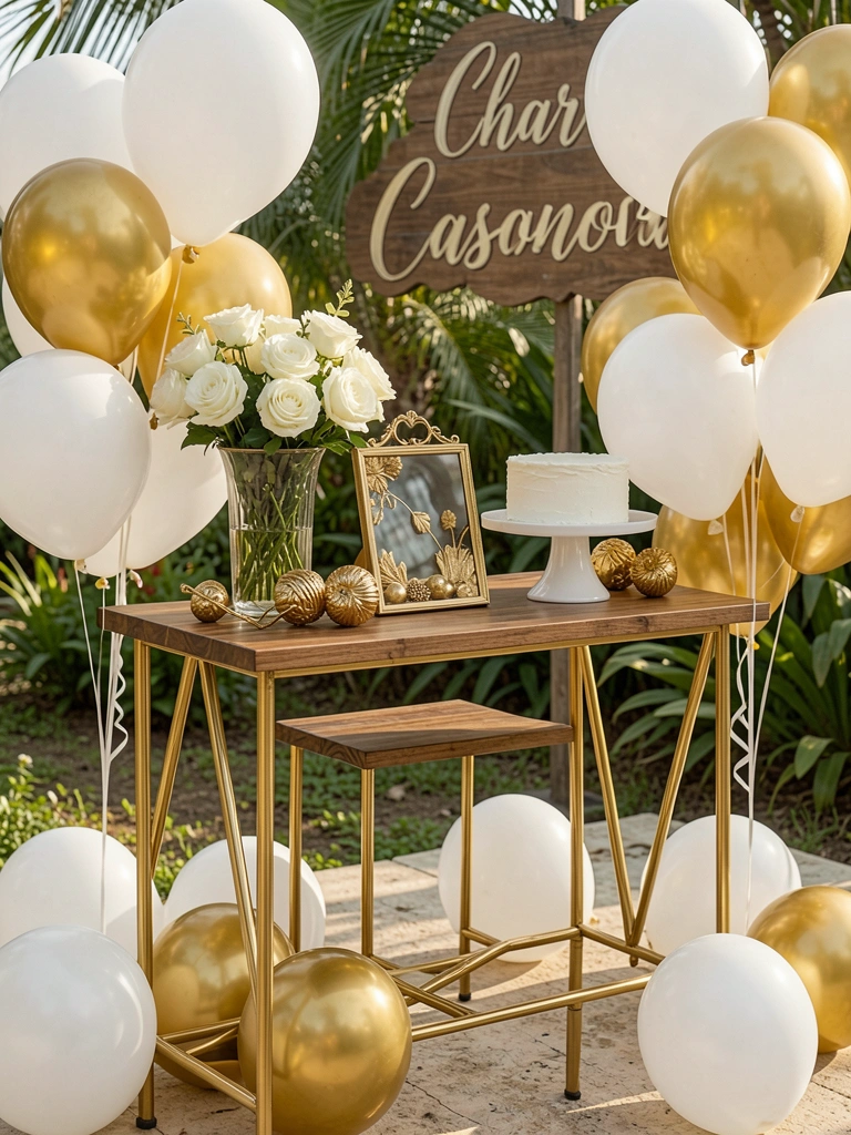 Mesa de madeira com pés dourados, vaso dourado com rosas brancas e balões brancos e dourados, placa 