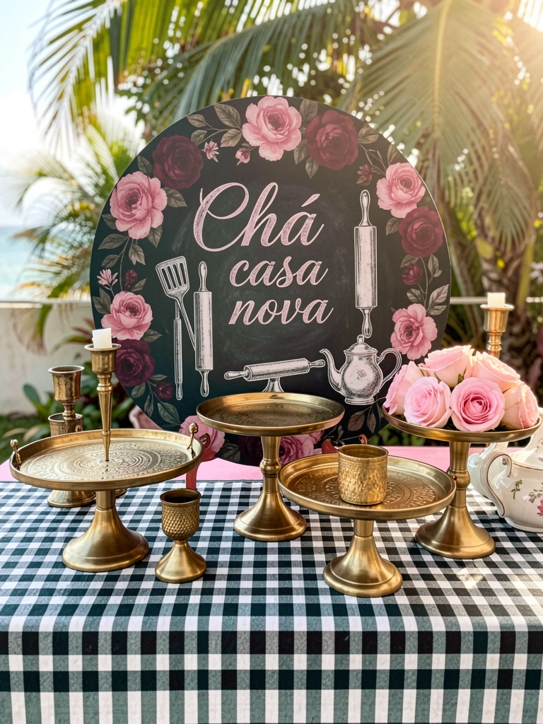 Mesa com toalha xadrez preta e branca, bolo sobre suporte dourado e buquê rosa, fundo com quadro de giz e desenho de utensílios.