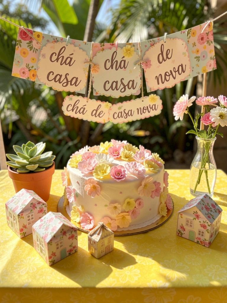 Bolo redondo decorado com flores rosa e amarelas sobre toalha amarela estampada, ao lado de caixinhas floridas e miniaturas de casas.