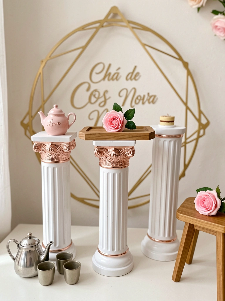 Três colunas de pedestal brancas com detalhes rosa-dourado; bandeja de madeira com rosa, bule prateado e bolo 