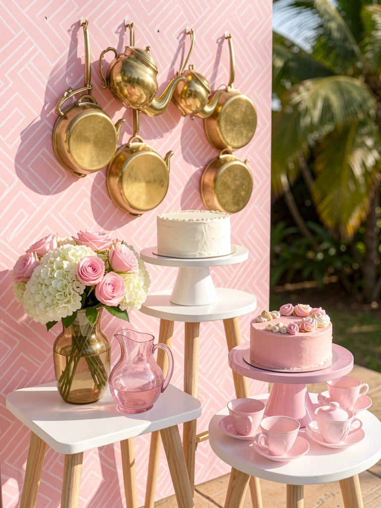 Bolo branco em suporte de três andares, buquê de rosas cor-de-rosa em vaso dourado, e bule dourado pendurado em painel geométrico rosa, luz natural do dia.