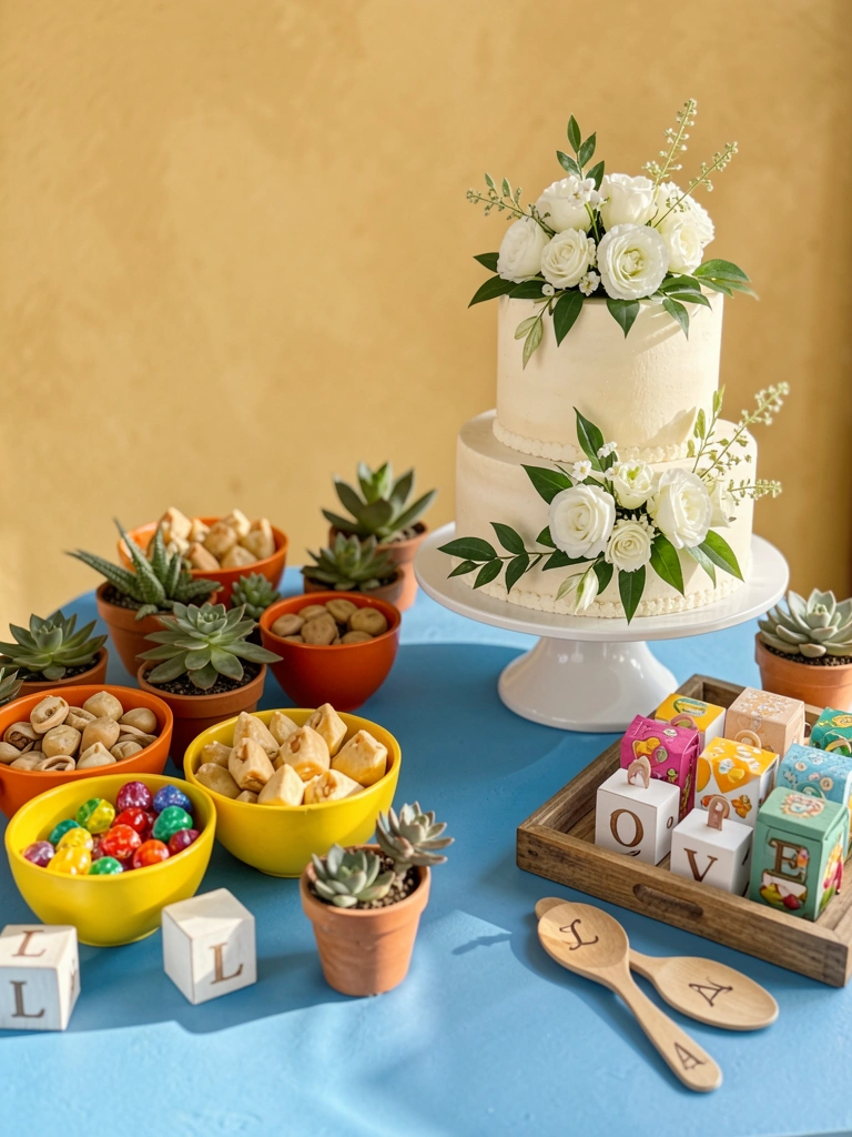 Bolo de casamento de três camadas com flores brancas e folhagens em suporte branco, tigelas amarelas e laranja com doces sobre mesa azul, bandeja rústica com balas e cubos 