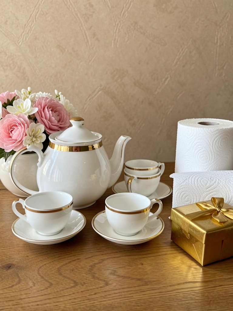 Conjunto de porcelana branca com detalhes dourados, arranjo floral rosa e branco, e rolo de papel toalha sobre mesa de madeira, luz natural suave.