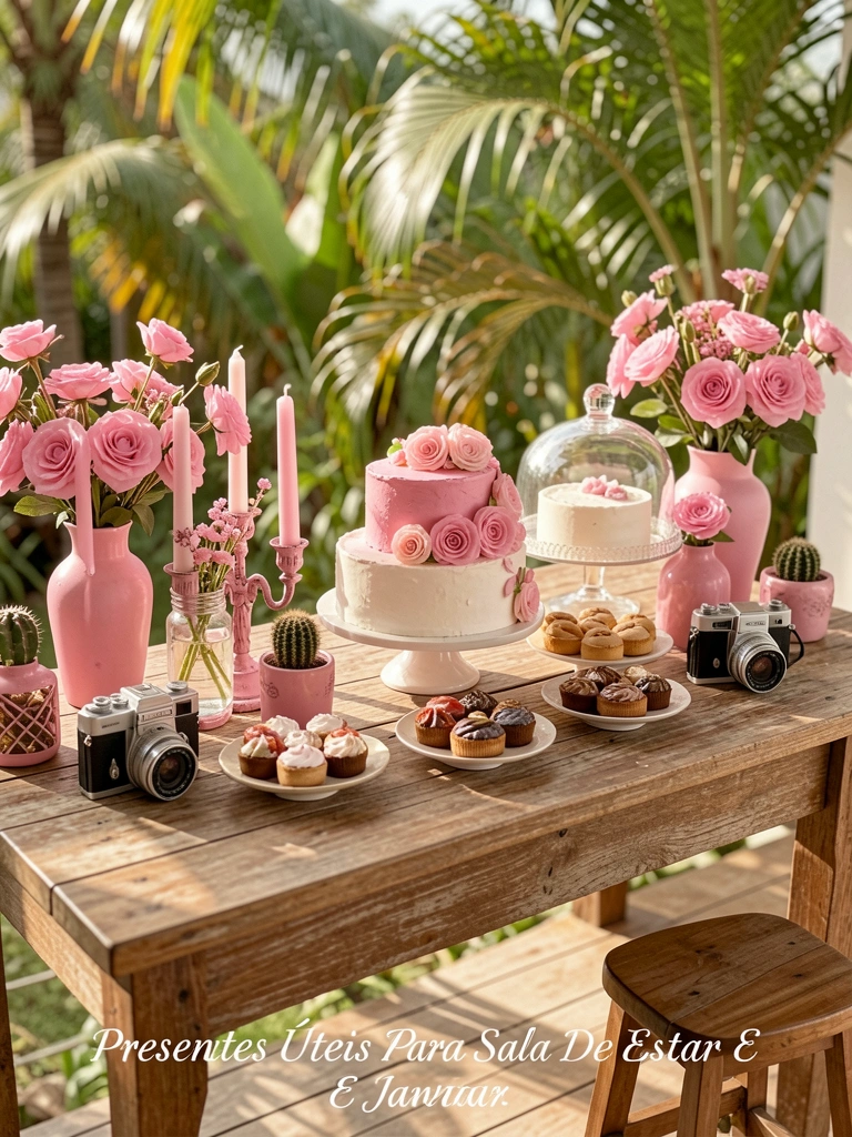 Mesa de madeira com bolo de andar de glacê rosa, câmera vintage e vasos com flores cor-de-rosa sob luz natural.