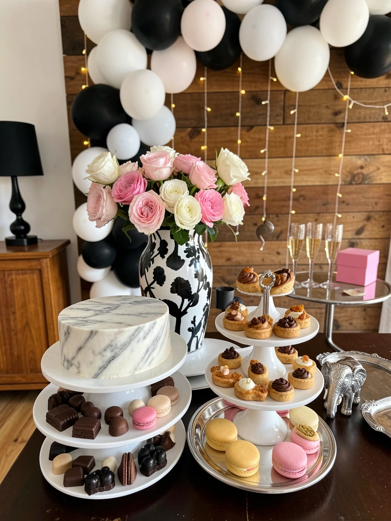 Bolo de mármore, macarons e chocolates em suportes de andares, vaso preto e branco com rosas, luz natural contra parede rústica com balões e luzinhas.