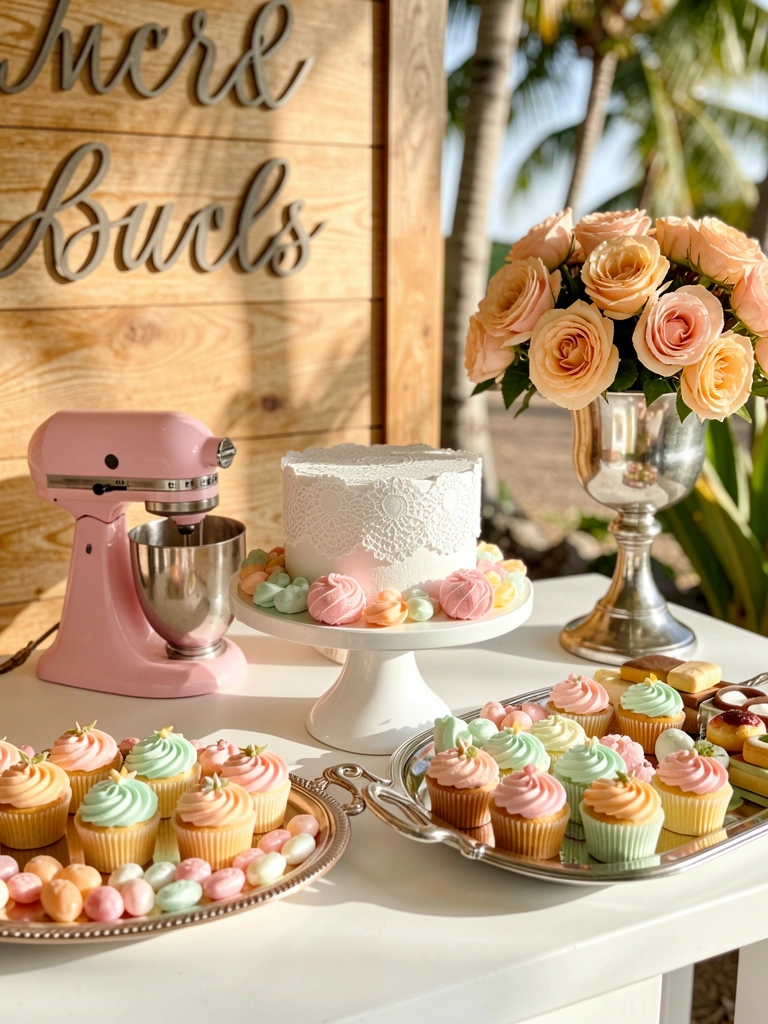 Bolo de renda branco em suporte, cupcakes pastel, batedeira rosa e buquê de rosas pêssego sobre mesa branca, luz natural.
