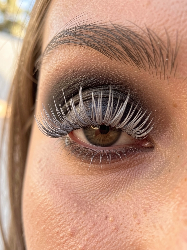 Olho feminino com sombra preta esfumada e cílios postiços cinza volumosos, iluminado por luz natural suave.