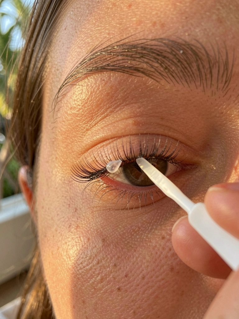 Close-up de olho feminino com cílio postiço sendo aplicado com pincel branco, luz natural suave e fundo desfocado com tons tropicais.