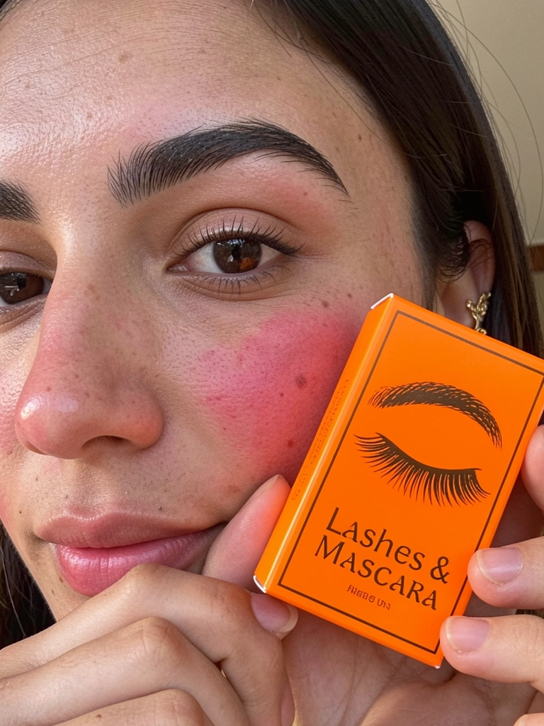 Mulher com sobrancelhas escuras e bochechas rosadas segura caixa laranja de produto de beleza com gráfico de cílios, luz natural suave.