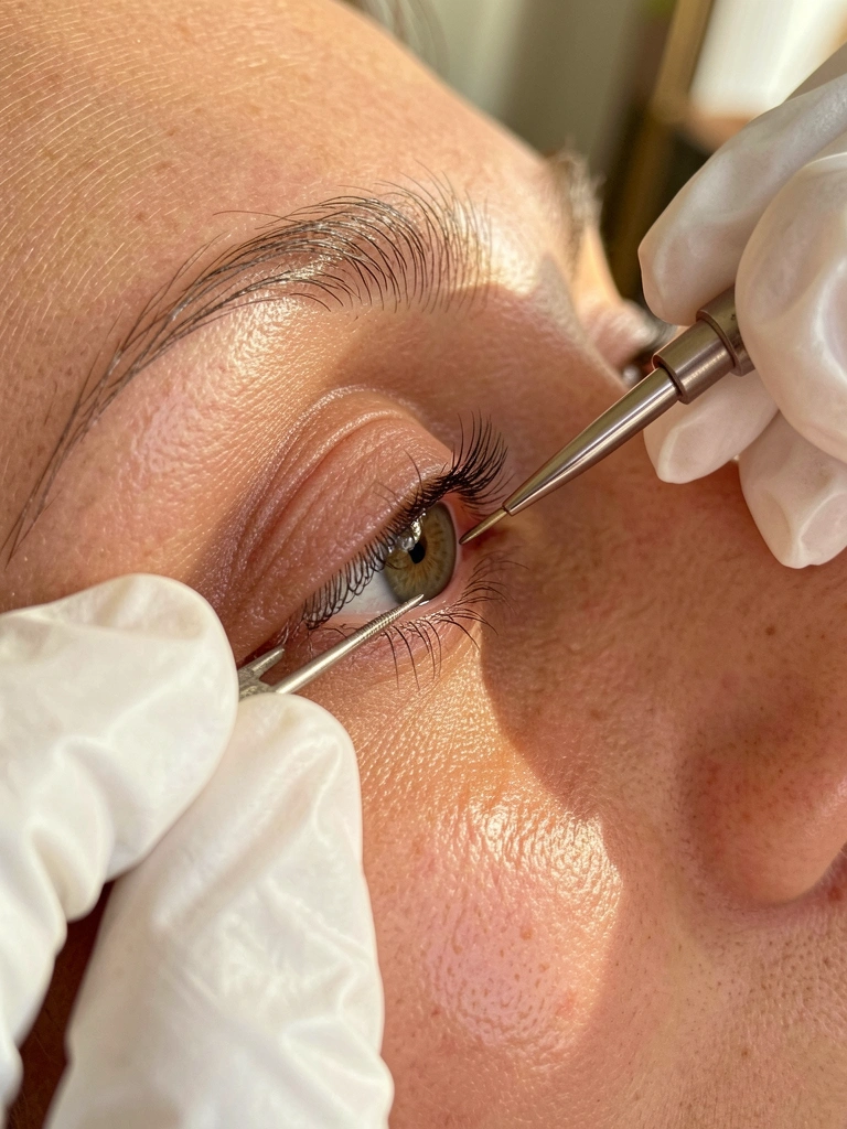 Close-up de olho feminino recebendo aplicação de cílios postiços com pinça, luva branca, luz natural e fundo desfocado.