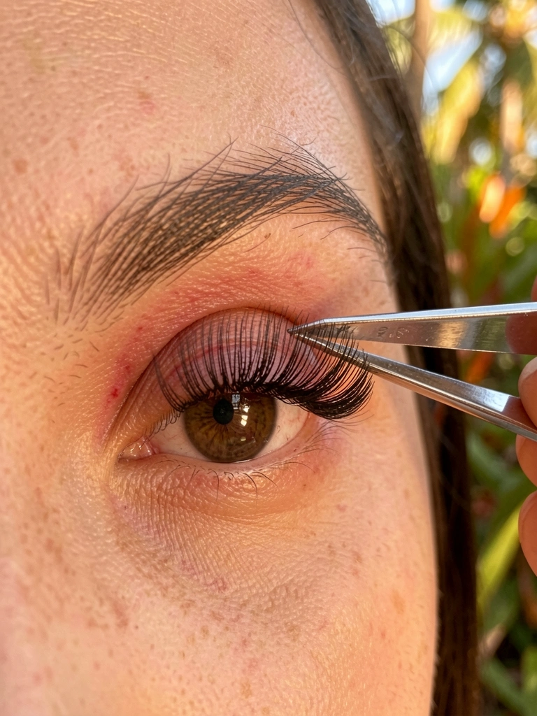Mão feminina com pinça metálica aplicando cílios postiços na linha dos cílios superiores, pele com vermelhidão sutil, luz natural difusa com fundo de folhagem tropical.