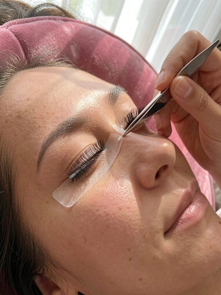 Rosto de mulher com cílios postiços sendo aplicados com pinça, luz natural suave e almofada de veludo rosa ao fundo.